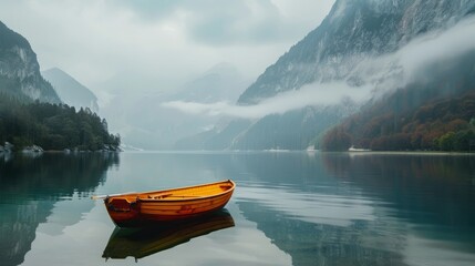 Wall Mural - a boat floating on a lake with mountains in the background