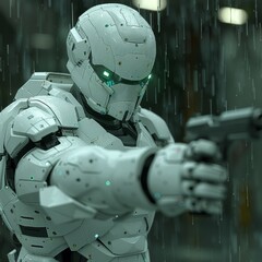 In a cutting-edge 3D illustration, an advanced soldier wears state-of-the-art armor and helmet, equipped with a powerful weapon, prepared for battle in a futuristic high-tech environment