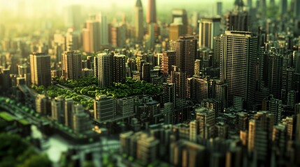  Aerial view of a modern cityscape with greenery amidst skyscrapers.