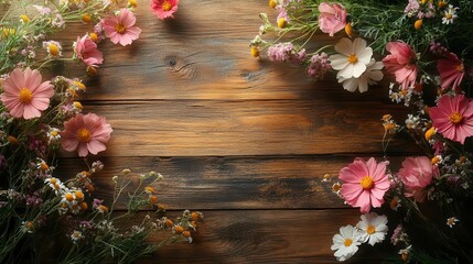 rustic wooden table adorned with delicate wildflowers soft natural light pastoral charm organic textures serene countryside atmosphere