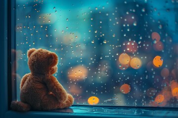 a sad teddy bear sits on a window sill, gazing outside at a rainy cityscape. the bear is in focus, w