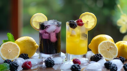 Wall Mural - three beverage filled drinking glasses with ice cubes beside sliced lemons and blackberries