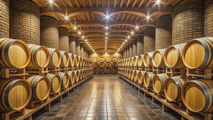 Modern wine cellar with wooden barrels in a winery setting, wine, cellar, winery, industry, wooden, barrels