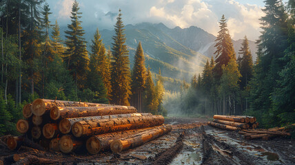 Stacked sawn logs close up in forest