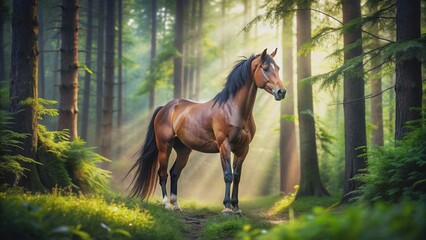 Majestic horse standing in a dense forest , horse, woods, wild, animal, nature, wildlife, trees, forest, majestic, beautiful