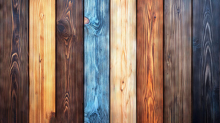 Wall Mural -   A collection of wooden boards in various hues of brown, blue, yellow, and orange