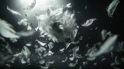 Poster -   Black-and-white image of dandelion with numerous petals fluttering in the sun