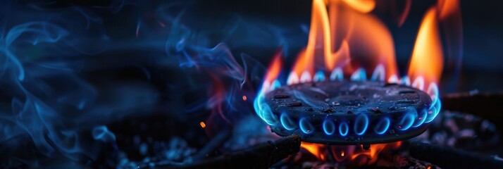 Canvas Print - Blue flame emanating from a gas burner in a dark setting.