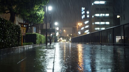 Wall Mural - A rainy night in a city with a street light shining on the wet pavement