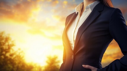 Wall Mural - A woman in a business suit stands in front of a sunset