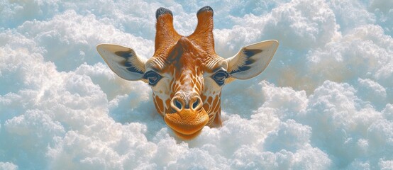 Wall Mural - Photograph of a funny giraffe over a blue sky with white clouds. Stock photo.