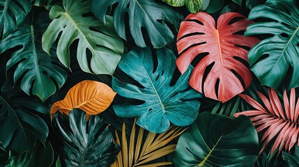 Wall Mural -   A zoomed-in photo of various green and red foliage on a brick wall with a yellow leaf prominently displayed