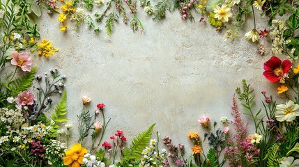 Poster -   A photo of a flower arrangement on a wall with space for photography in the center