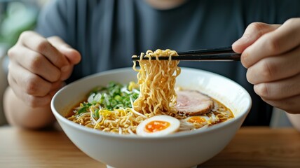 Wall Mural - A person is eating ramen noodles with chopsticks