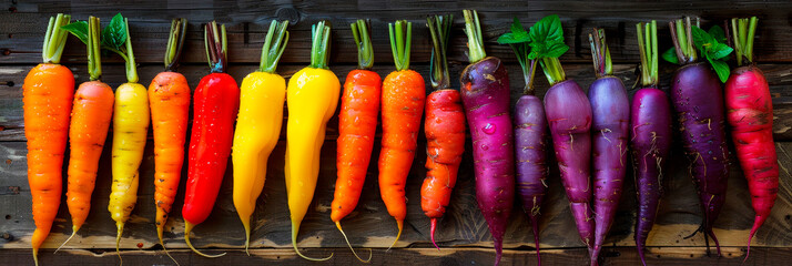 Banner with Bunch of fresh multi-colored carrots on wooden background