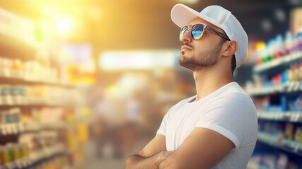 A man wearing a white shirt and sunglasses stands in a store aisle