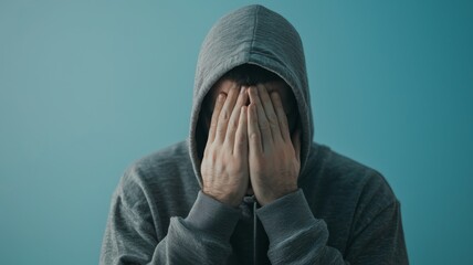 A man is wearing a hoodie and is crying