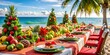 © hobonski - Tropical Christmas Beach Feast. An elegantly set beachside dining table adorned with festive decorations, perfect for a holiday celebration.