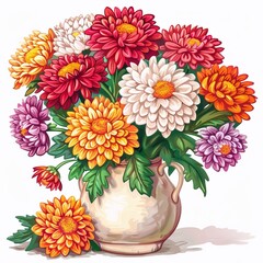 Wall Mural - 
multi-colored chrysanthemums in a light vase illustration on a white background