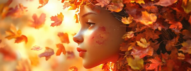 Wall Mural - 3D Cartoon of a Girl s Face Merging with an Autumn Scene