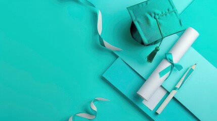 A graduation cap, diploma, pencil and ribbon on a turquoise background.