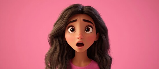 Wall Mural - 3D Cartoon of a Young Hispanic Woman with Long Hair Standing in Front of a Pink Background Having a Shocked and Skeptical Expression Mouth Open in Surprise