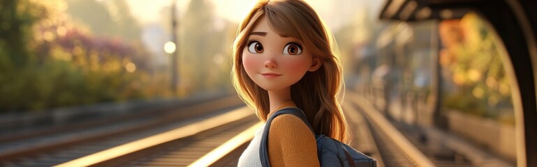 Wall Mural - 3D Cartoon of a Young Woman Posing by Rails