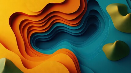 Wall Mural -   A close-up abstract image showcases wavy shapes in shades of blue, yellow, orange, and green