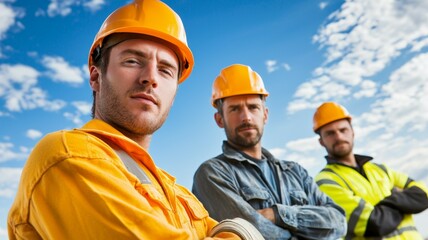 Canvas Print - Three men wearing orange safety helmets and yellow jackets are standing together