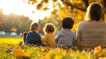 Poster - A family of four sits on a grassy field, enjoying the sun