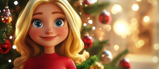 Wall Mural - 3D Cartoon Portrait of a Lovely Blonde Character by the Festive Tree