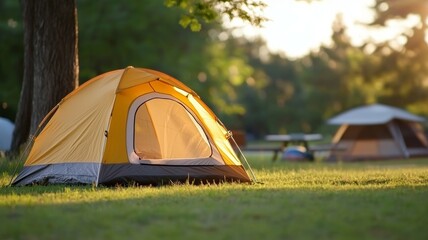 Canvas Print - A yellow tent is set up in a grassy field