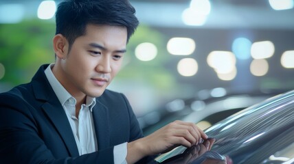 Wall Mural - A man in a suit is looking at a car window