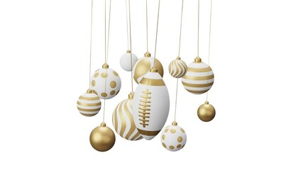 Wall Mural - Rugby Sport Christmas card video 4k animation. Merry Christmas sport greeting card. Hang on a thread ball as a xmas ball and golden bauble on white and green horizontal background.