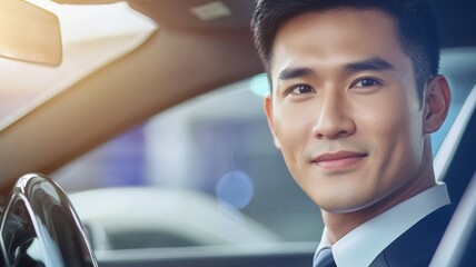 Poster - A man in a suit is driving a car and smiling