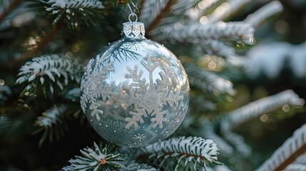 Sticker - A silver Christmas ornament with a snowflake design hangs on a fir tree branch, the blurred background suggests a wintery setting.