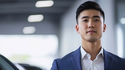 Wall Mural - A man in a suit and tie stands in front of a car