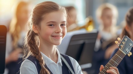 Wall Mural - A young girl is smiling and holding a guitar