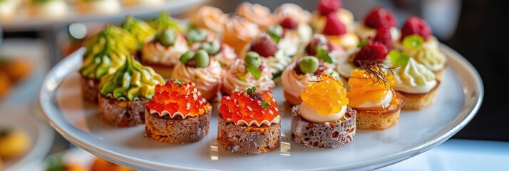 Poster - Assorted Canapes with Various Flavors on a Tray, Perfect Finger Foods for Buffets and Events, Effortless No-Cook Appetizers for Celebrations and Special Gatherings.