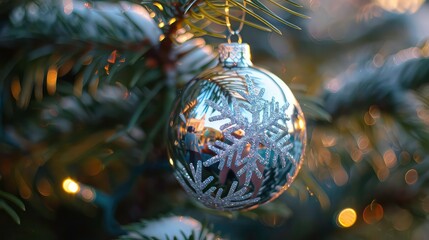 Sticker - A silver Christmas ornament with a snowflake design hangs from a fir tree branch. The ornament reflects the surrounding lights and creates a warm, festive atmosphere.