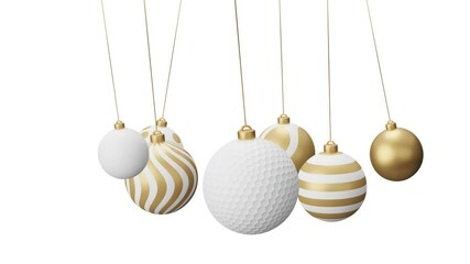 Canvas Print - Golf Sport Christmas card video 4k animation. Merry Christmas sport greeting card. Hang on a thread ball as a xmas ball and golden bauble on white and green horizontal background.