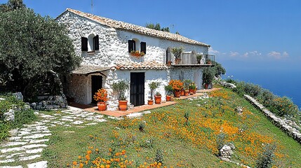 Wall Mural -  House atop lush hillside, overlooking water & blooming flowers