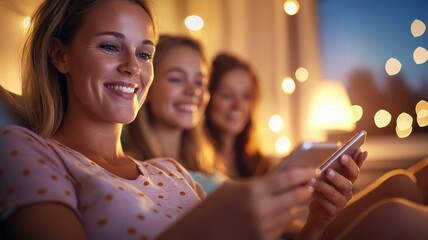 Sticker - Three women are sitting on a bed and looking at their cell phones