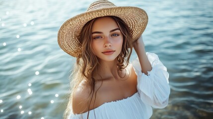 posing by the water is a stylish and sophisticated young lady wearing a white dress and a straw hat.