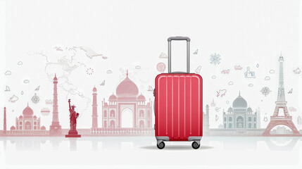 Red suitcase with an artistic backdrop of famous global landmarks symbolizing travel and adventure around the world