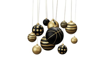 Wall Mural - Basketball Sport Christmas card video 4k animation. Merry Christmas sport greeting card. Hang on a thread ball as a xmas ball and golden bauble on white and green horizontal background.