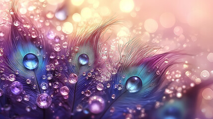 Wall Mural -   A close-up of a peacock feather with droplets of water on its feathers; the feathers come in shades of blue, purple, and pink