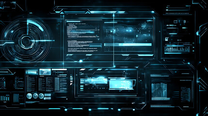 Futuristic digital interface with glowing blue lines and data.