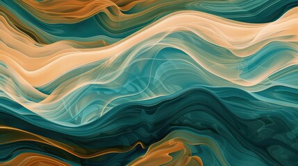 Wall Mural - Abstract art with teal, gold, and white wavy lines.