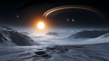 Wall Mural - A planet with rings and multiple moons, viewed from afar